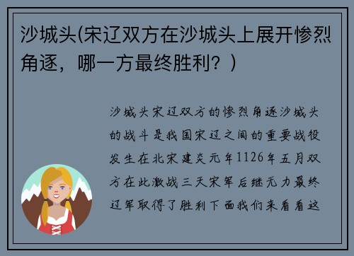 沙城头(宋辽双方在沙城头上展开惨烈角逐，哪一方最终胜利？)