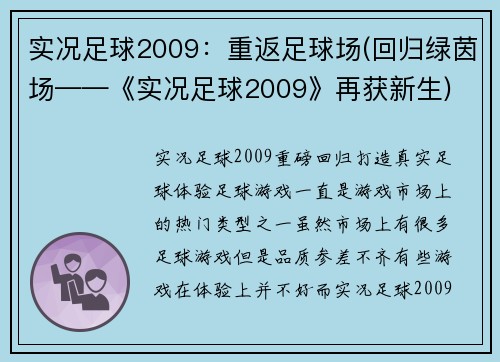 实况足球2009：重返足球场(回归绿茵场——《实况足球2009》再获新生)